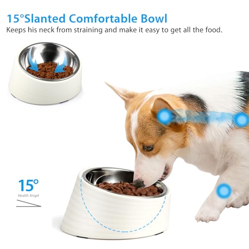 Uppetly Tilted Slanted Dog Bowl 1 Cup, 15° Tilted Stainless Steel Dog Cat Food Bowl, Non-Slip & Non-Spill Pet Feeder with Elevated Detachable Melamine Stand, Easy to Get Food Dish, Medium White