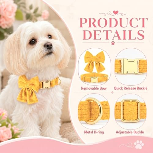 Dog Collar and Leash Set with Bowtie, Soft & Cute Puppy Collar, Cotton Puppy Collar with Adjustable Metal Buckle for Small, Medium Dog (Yellow, Size M: Neck 13"-22") - color: Yellow, size: M: Neck 13"-22" Leash 5 FT