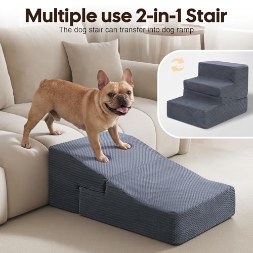 Dog Ramp for Bed Couch, 15.3" H Dog Stairs for Small Dogs | 2 in 1 Transformable 3-Step Pet Steps for Bed, Foldable Cats Ramp to Get on Bed, Non-Slip Balanced, Grey - size: 15.7 X 21.2 X 15.3 In