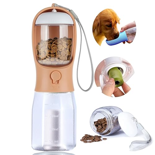 Dog Water Bottle with Food Container, Portable Pet Dog Water Dispenser for Outdoor Walking,Hiking,Travel,Puppy Essentials,Puppy Supplies,Replaceable Waste Bags - color: orange pink, size: 15oz