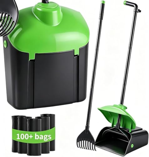 ienjoyed 40" Tall Dog Pooper Scooper with 100 Bags Attachment, Large Capacity Swivel Bin and Rake Metal Pole, Long Handle Pooper Scooper for Large Dogs, Dog Poop Scoop for Yard (Green) - color: Green