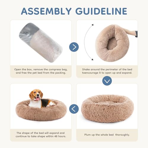 DUMOS 24.8x24.8 Inch Calming Donut Dog Beds for Medium Dogs, Machine Washable Cuddler Warming Cozy Fluffy Faux Fur Plush Round Pet Bed, Anti-Slip Bed for Indoor Dogs and Cats, Brown(2 Pack)