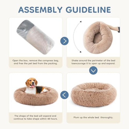 DUMOS 24.8x24.8 Inch Calming Donut Dog Beds for Medium Dogs, Machine Washable Cuddler Warming Cozy Fluffy Faux Fur Plush Round Pet Bed, Anti-Slip Bed for Indoor Dogs and Cats, Brown(2 Pack)