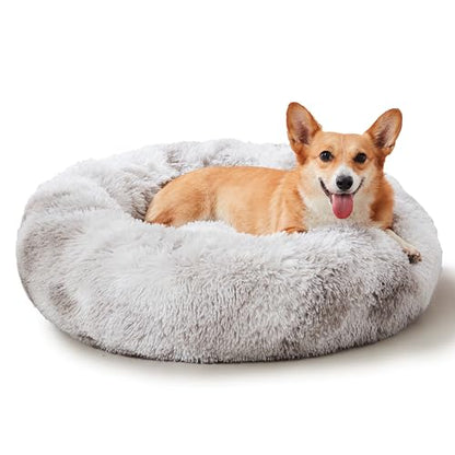WESTERN HOME WH Calming Dog & Cat Bed, Anti-Anxiety Donut Cuddler Warming Cozy Soft Round Bed, Fluffy Faux Fur Plush Cushion Bed for Small Medium Dogs and Cats - color: White Grey, size: 20.0"l x 20.0"w x 6.0"th
