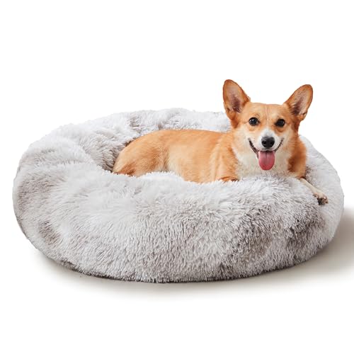 WESTERN HOME WH Calming Dog & Cat Bed, Anti-Anxiety Donut Cuddler Warming Cozy Soft Round Bed, Fluffy Faux Fur Plush Cushion Bed for Small Medium Dogs and Cats - color: White Grey, size: 20.0"l x 20.0"w x 6.0"th