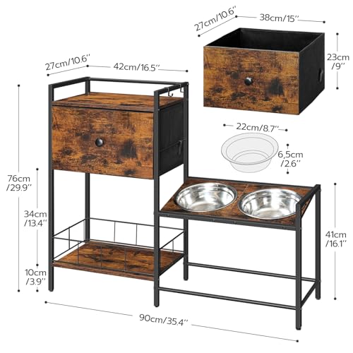 HOOBRO Elevated Dog Bowls Stand with Drawer, Height Adjustable Raised Feeding Station Cabinet with Storage Basket, 4-IN-1 Pet Storage Organizer for Large Medium Breeds, Rustic Brown and Black BF22PO03