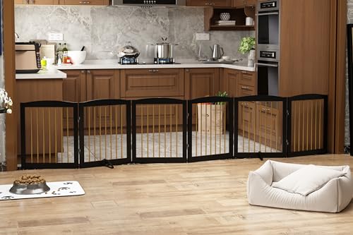 PUPETPO Freestanding Pet Gate for Dogs, Foldable Wooden Dog Gate for House, Extra Wide Indoor Pet Barrier for Stair, Doorway, Hall, Support Feet Included, 120 Inch Wide, 6 Panels 24",Black&Gold - color: Black & Gold, size: 24" Height-6 Panel