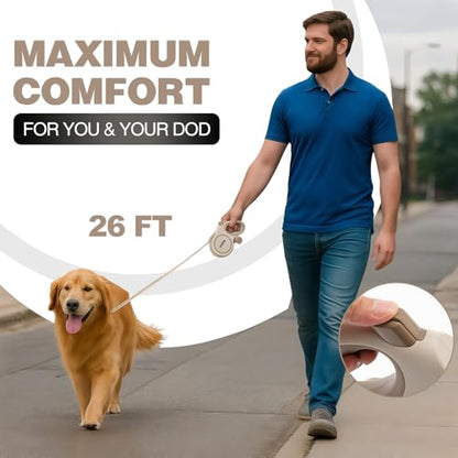 PINA Upgraded Retractable Dog Leash, 26 ft Dog Leash for Small Medium Large Dogs Up to 110lbs, Heavy Duty Reflective Nylon Tape 360° Tangle-Free, with Anti-Slip Handle, One-Handed Brake, Pause, Lock - color: Khaki