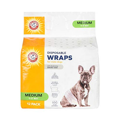 Arm & Hammer Medium Male Dog Wraps, Disposable Belly Band Diapers with Baking Soda Odor Control, Super Absorbent Leak Resistant Design for Marking and Incontinence, 15-23 Inch Waist, 12 Count - size: Medium