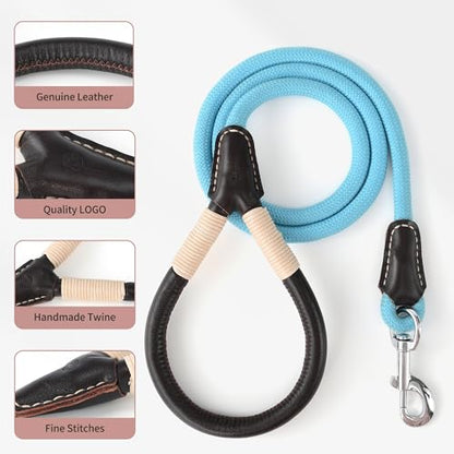 Mile High Life Dog Leash, Rope Leash with Genuine Leather Handle and Heavy Duty Metal Clasp, Great for Small Medium Large Dogs (Blue, 4FT) - color: Leather Handle-Blue, size: 48 Inch-1/2"