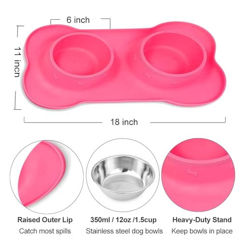 AsFrost Dog Food Bowls Stainless Steel Pet Bowls & Dog Water Bowls with No-Spill and Non-Skid, Feeder Bowls with Dog Bowl Mat for Dogs Cats and Pets-Pink, 24 0z in Total - color: Pink, size: 1½ Cup/12 oz each