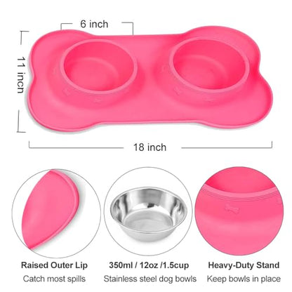 AsFrost Dog Food Bowls Stainless Steel Pet Bowls & Dog Water Bowls with No-Spill and Non-Skid, Feeder Bowls with Dog Bowl Mat for Dogs Cats and Pets-Pink, 24 0z in Total - color: Pink, size: 1½ Cup/12 oz each