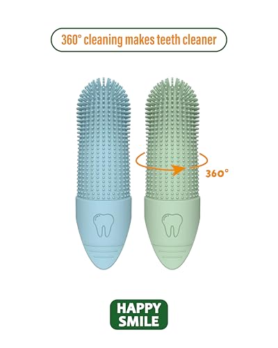 Happy Smile Dog Toothbrush 360° – Soft Silicone Finger Toothbrush for Dogs & Cats, Gentle Teeth Cleaning, BPA-Free, 2-Pack (Blue & Green)