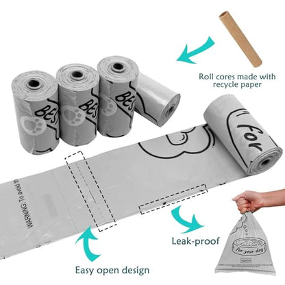 Dog Poop Bag Holder with LED Flashlight for Night Walks,Silicone Tether &Dachshund Pattern Clip for Used Bags, Hands-Free Metal Leash Carabiner, 15 Scented Waste Bags (Gray) - color: Gray