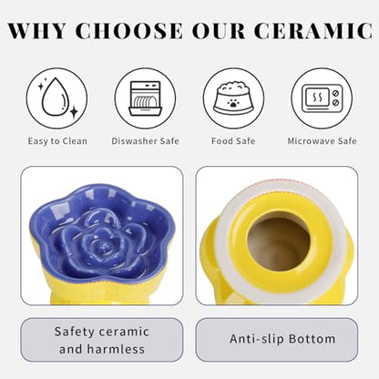 S&Q's CERAMICS Raised Slow Feeder Cat Bowl, Ceramic Elevated and Titled Pet Food Bowl, Small Dogs Slow Feeder, Flower Shaped Dish for Dry and Wet Food (Blue, 5.8") - color: Blue