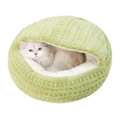 Plush Cat Bed Hooded Semi Enclosed Shell Shaped Pet Nest Cozy Warming Anti-Slip Small Dog Bed for Puppy and Kitten - color: Green, size: Medium