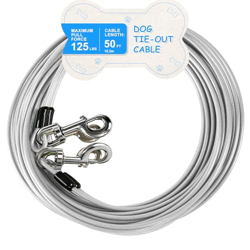Tie Out Cable, 15/25/40/50 FT Runner Cable with Swivel Hook,Dog Leash Run Tether for Yard Outdoor and Camping,for Small to Medium Pets Up to 250 LBS（Silver） - color: New-Silver, size: 50Ft-125LBS