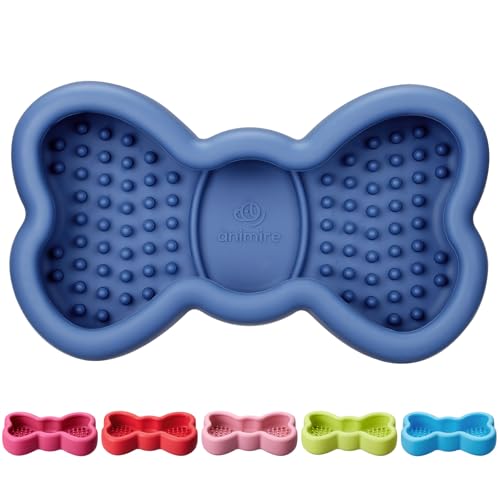 Lick Mat for Dogs, Animire Anti-Spilled Bow Tie Lick Bowls for Anxiety Relief, Silicone Slow Feeder Licking Pad with Suction Cups, Freezeable Dog Enrichment Toy for Boredom(Dark Blue,S) - color: A-Dark blue, size: S