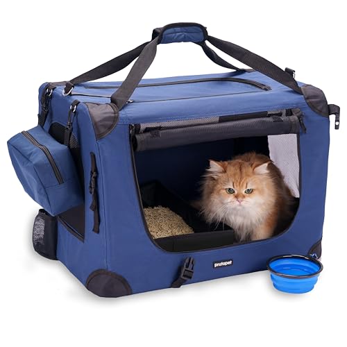 Prutapet Large Cat Carrier 24"x16.5"x16.5" Soft-Sided Portable Pet Crate for Car Traveling with Collapsible Litter Box and Bowl - color: Blue, size: 24"x16.5"x16.5" (With Litter Box)