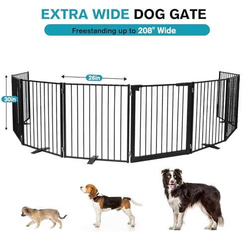 Snagle Paw Extra Wide Dog Gate,Free Standing Dog Fence with Door, Up to 208 Inch Wide Pet Gate with Support Feet for Stairs, Hallways, Doorways, Yard (Black, 8 Panels) - size: Up to 208" W, 8 Panels, Black