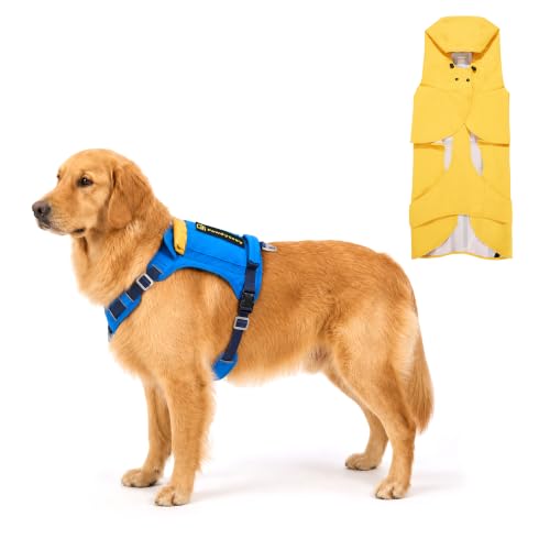 2-in-1 Dog Harness with Built-in Raincoat, Waterproof Packable Dog Rain Jacket, Reflective Adjustable Dog Rain Coat with Leash Portal, Royal Blue Harness/Bright Yellow Raincoat, Small - color: Royal Blue Harness / Bright Yellow Raincoat, size: Small