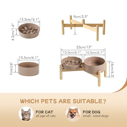Havniva 6.1” Raised Slow Feeder Dog Bowls Set, 0.9 Cups Ceramic Slow Feeder Dog Bowl and 6.1” Dog Water Bowl with Elevated Wooden Stand Puzzle Dog Food Bowl for Small Dogs Anti-Gulping & Anti-Choking - color: 2 x Brown Coffee+Stand-C, size: 6.1inch