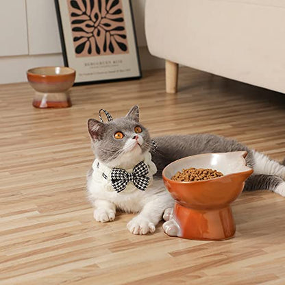 Nihow Elevated Cat Bowls,6 Inch Ceramic Raised Cat Food and Water Bowl Set | Slanted,Whisker Friendly,for Protecting Pet's Spine,Microwave & Dishwasher Safe ,Elegant Brown,6.8 OZ - color: Brown, size: 6.8 OZ+15.5 OZ