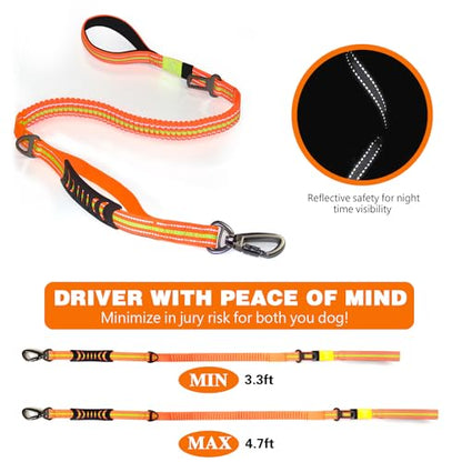 No-Pull Shock Absorbing Bungee Leash for Large Dogs, 4-6 FT Heavy Duty Dog Leash with Traffic Handle & Seat Belt Buckle, Reflective, Up to 150 Lbs - color: Orange