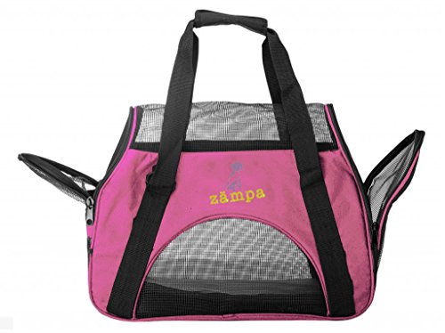 Airline Approved Soft Sided Pet Carrier by Zampa, Low Profile Travel Tote, Removable pad, Premium Zippers & Under Seat Compatibility, for Cats and Small Dogs, 2 Openings, Shoulder Strap For Travel - color: Pink, size: 15" x 17" x 7"
