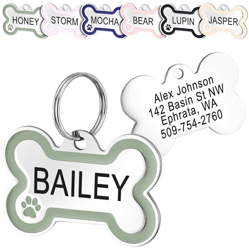 GoTags Stainless Steel Bone Dog Tag with Color Outline and Paw Print | Personalized Pet ID Tag for Dogs and Cats, Custom Engraving with up to 5 Lines of Text on Both Sides 6 Color Options (Large) - size: Regular (Pack of 1)