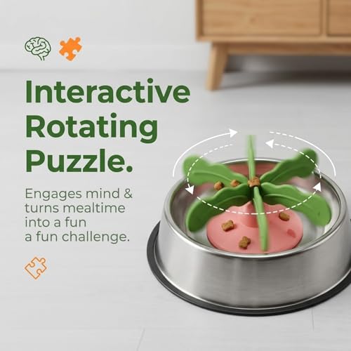 Slow Feeder Dog Bowl Insert, Interactive Rotating Puzzle Feeder with Detachable Silicone Top, Strong Suction Cup Base & Easy-Release Pull Tab for Medium Large Dogs