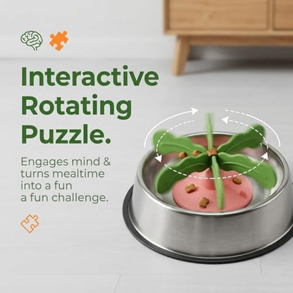 Slow Feeder Dog Bowl Insert, Interactive Rotating Puzzle Feeder with Detachable Silicone Top, Strong Suction Cup Base & Easy-Release Pull Tab for Medium Large Dogs