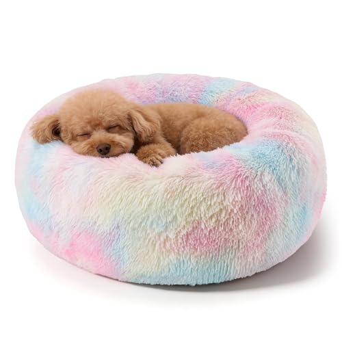 Dog Calming Beds for Small Medium Large Dogs - Round Donut Washable Puppy Dog Bed, Anti-Slip Faux Fur Fluffy Donut Cuddle Anxiety Cat Pet Bed(24'' Color) - color: Colorful, size: 24"L x 24"W x 8"Th