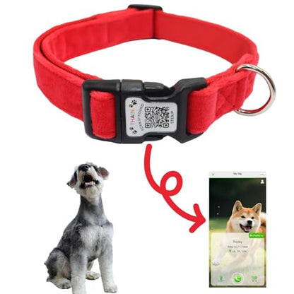 THAIN Smart QR Code Dog Collar-Nylon & Velvet Pet Collar with Unique ID Registration, Adjustable Plastic Buckle for Small Dogs–Black, Red, Pink, Yellow (Red, S) - color: Red, size: S