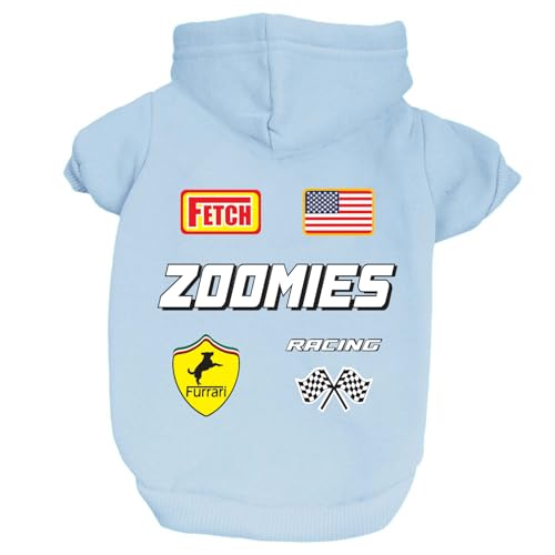 Zoomies Race Car Driver Costume Dog Hoodie | Fleece Lined |Leash Hole| Pit Crew | Chechered Flag | Fast| Baby Blue, 3X-Large 1500 - color: Baby Blue - Hoodie, size: 3X-Large (30-40 lbs)