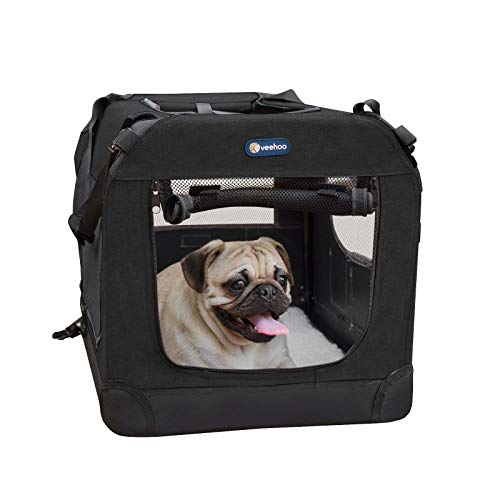 Veehoo Folding Soft Dog Crate, 3-Door Pet Kennel for Crate-Training Dogs, 5 x Heavy-Weight Mesh Screen, 600D Cationic Oxford Fabric, Indoor & Outdoor Use, 20", Black