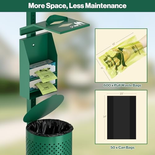 POCHAR Aluminum Dog Waste Station with 600 Waste Bags & 50 Can Liners | Rustproof Pet Poop Station Outdoor, Dog Park Equipment with Sign & Lid - Pet Poop Disposal System for Backyard - style: ‎Station with Bags