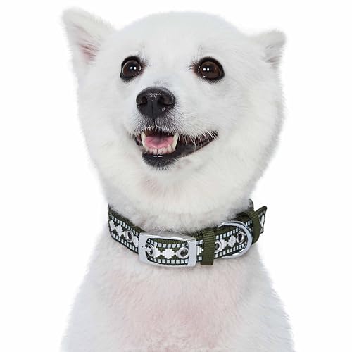 Blueberry Pet Reflective Jacquard Dog Collar with Neoprene Padding & Metal Buckle | Soft & Adjustable Safety Collar - Olive, Neck 13-16.5", for Medium Breed - color: Metal Buckle-Olive, size: Medium