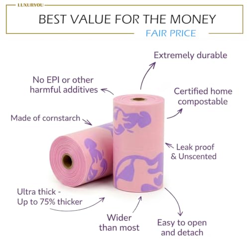 Dog Poop Bags - 100% Certified Compostable - 225 ct. | Ultra-thick Dog Bags for Poop - Up to 75% Thicker (20 microns) | 90-day Home Compostable, Plant-based Dog Waste Bags (Peach/Lilac) - color: Peach/Lilac