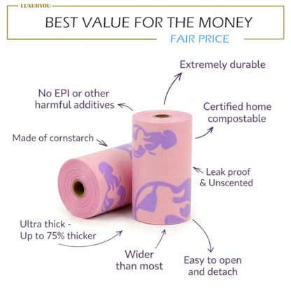 Dog Poop Bags - 100% Certified Compostable - 225 ct. | Ultra-thick Dog Bags for Poop - Up to 75% Thicker (20 microns) | 90-day Home Compostable, Plant-based Dog Waste Bags (Peach/Lilac) - color: Peach/Lilac