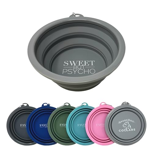 SparkDog Sweet But Psycho Collapsible Dog Bowl, 1000ML (34oz) –XL Food-Grade Silicone Travel Bowl with Sturdy Rim – Extra Large Portable for Dogs & Cats – Great for Pet Lovers (Gray) - color: Gray-"Sweet But Psycho"