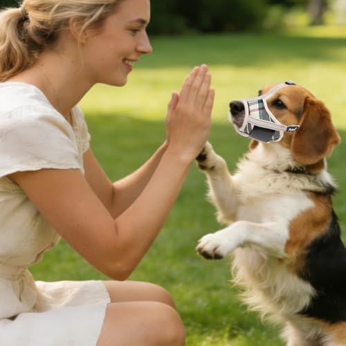 PUPTECK Dog Muzzle, Soft Adjustable Loop Reflective Pet Muzzle Prevent Biting Barking Chewing, Breathable Muzzle with Air Mesh Dog Mouth Guard Drinkable for Large Medium Small Sized, Beige Plaid L - color: Beige, size: L (Snout Cir: 7.09"-9.45")