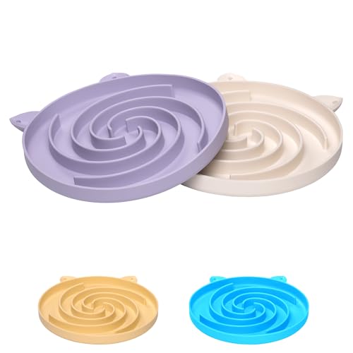 Bifeaw Slow Feeder Cat Bowl, Easy to Clean Silicone Bowl, Ideal for Dry and Wet Food (Purple and White) - color: Purple and White