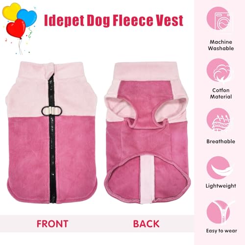 Idepet Dog Fleece Vest Sweater Zip Up Warm Pullover Dogs Jacket with D-Ring Leash Winter Cold Weater Coat Pet Sweatershirt Clothes Hoodie for Small Medium Dogs Boy Girl (Pink/Rose Red, XXS) - color: Pink/Rose Red, size: XXS