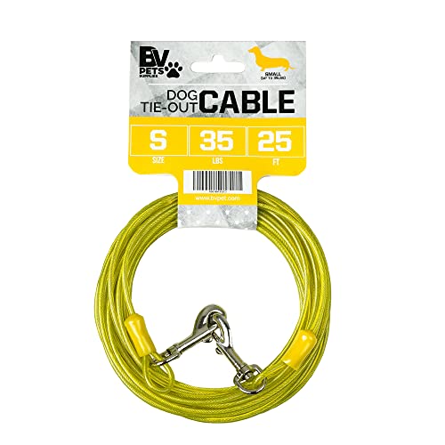 BV Dog Tie Out Cable 25 Feet - Heavy Duty Dog Lead Up to 35 Pounds - Reflective & Rust-Free with Quick Release Swivel Clips & 360° Rotating Clasp - Tangle-Free Dogs Runner for Yard (Yellow, Single) - color: 35lbs/ 25ft/ Yellow, style: Single