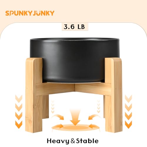 SPUNKYJUNKY Ceramic Elevated Dog Bowls 2 Pack - 8.3inch Raised Dog Bowls with Non-Slip Wooden Stand for Large Dogs Dishwasher Safe(Black,60OZ*2) - color: Black, size: Large - 7.6 CUPS*2