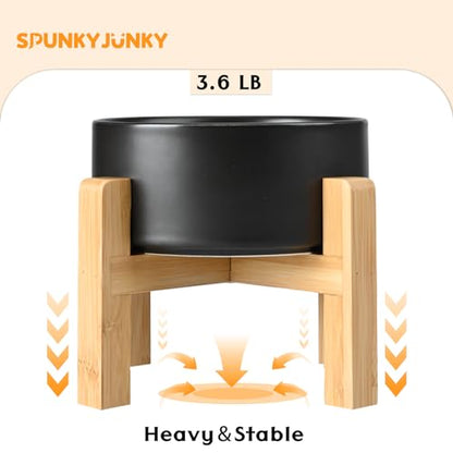 SPUNKYJUNKY Ceramic Elevated Dog Bowls 2 Pack - 8.3inch Raised Dog Bowls with Non-Slip Wooden Stand for Large Dogs Dishwasher Safe(Black,60OZ*2) - color: Black, size: Large - 7.6 CUPS*2