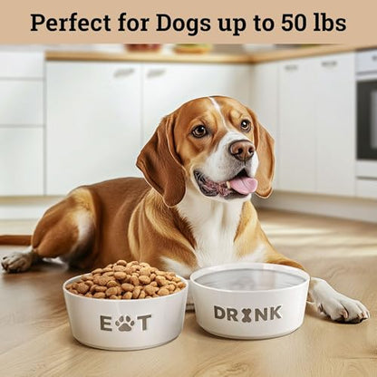 Ceramic Dog Bowl Set of 2 w/ Anti-Skid Base 6.5"W x 2.5"H, 3.8 Cup Capacity | Thick Ceramic, Dishwasher Safe, Anti-Skid Rubber Base, 3.8 Cups per Bowl, Ceramic Food & Water Bowls Set of 2 for Medium Dogs - color: Gray, size: Medium 6.5"