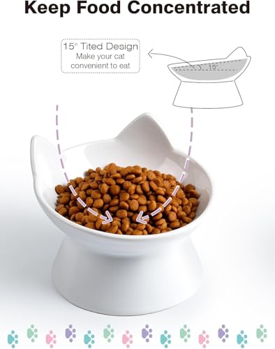 ABRUTY Cat Food Bowl, 5 OZ Ceramic Elevated Kitten Water Bowl, 15° Tilted Raised Pet Feeder, Anti Vomiting and Whisker Friendly Dishes for Fat Faced, Cat, Kitten, Small Dog - color: White Cat, size: 1 Pack