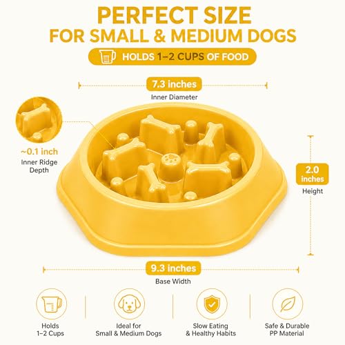 Slow Feeder Bowl for Small & Medium Cats & Dogs - Durable Slow Feeding Bowl with Non-Slip Base -Anti-Choking Puzzle Food Bowl for Dogs That Helps Mental Stimulation & Reduces Fast Eating-Yellow - color: Yellow